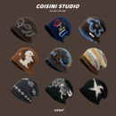 复古提花刺绣卷边针织堆堆帽子女秋冬季 保暖百搭显脸小毛线包头帽