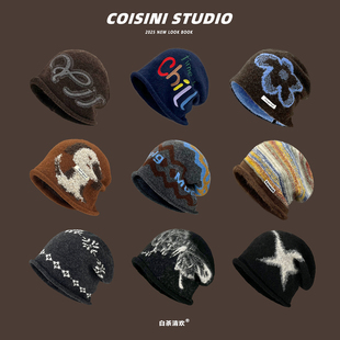 复古提花刺绣卷边针织堆堆帽子女秋冬季 保暖百搭显脸小毛线包头帽