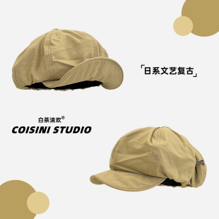日系文艺纯棉八角帽子女复古画家贝雷帽大版显脸小翻檐云朵报童帽