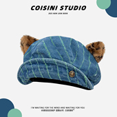 日系复古条纹豹纹耳朵牛仔八角帽女秋冬百搭显脸小画家帽云朵帽潮