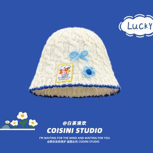 2025新款 甜美小花针织盆帽女秋冬防风防寒宽檐显脸小百搭渔夫帽子