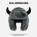 灰色牛角毛绒雷锋帽子男女冬季 东北仿貂毛护耳帽户外保暖加厚帽子