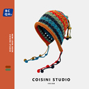 手工钩针彩色球毛线帽子女秋冬系带流苏套头冷帽 设计师款 韩版 时尚