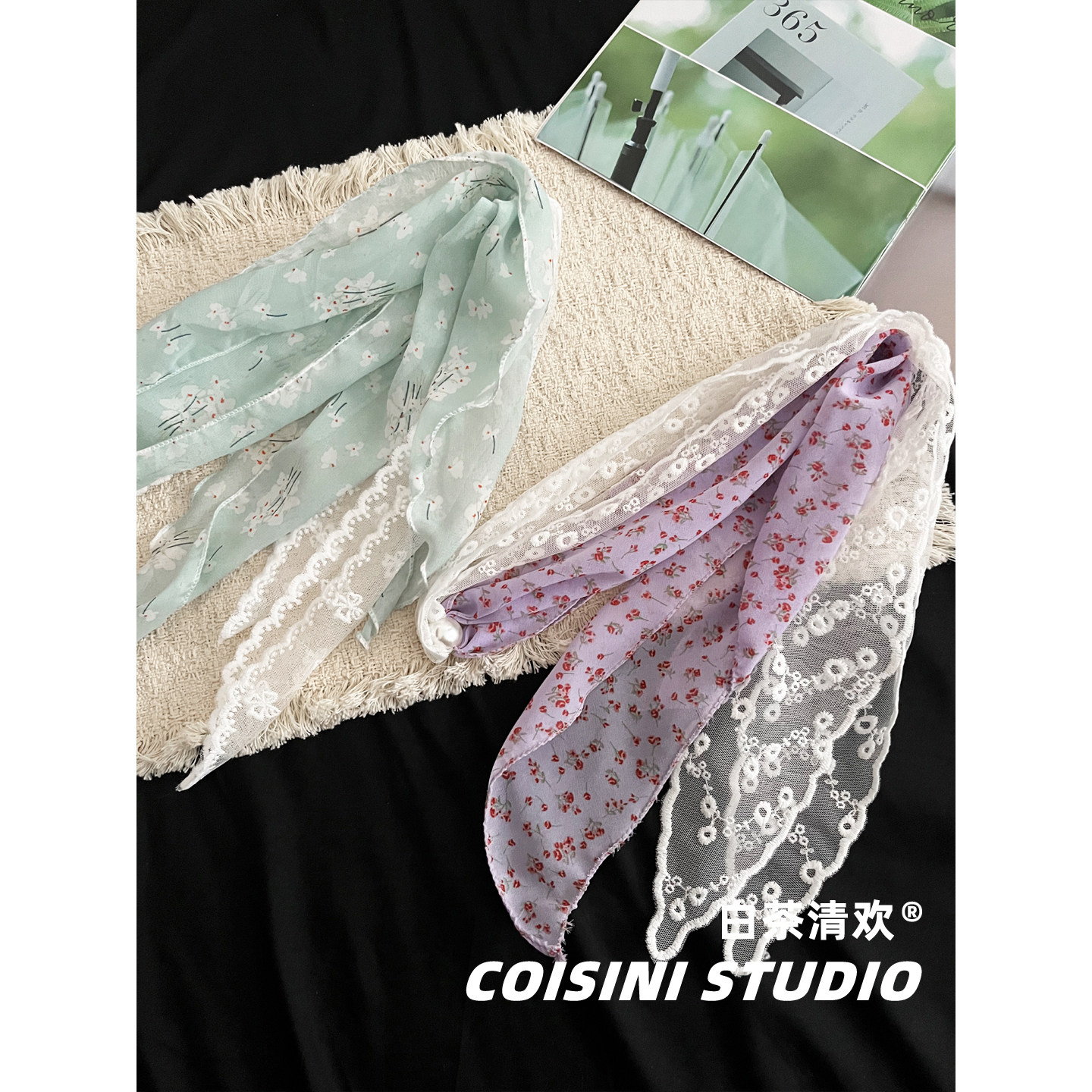 法式莫奈田园风碎花长款丝巾女生夏季海边穿搭时尚蕾丝边薄款围巾
