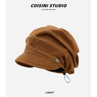 2025新款 日系复古褶皱灯芯绒堆堆帽子女秋冬休闲百搭包头帽显脸小