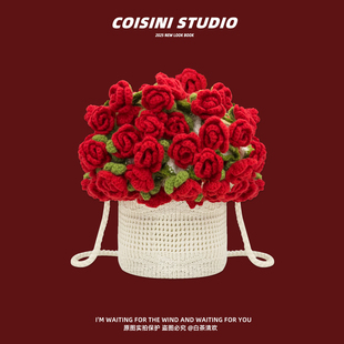 手工钩织玫瑰花束毛线毯子女生大披肩针织包包送女友闺蜜生日礼物