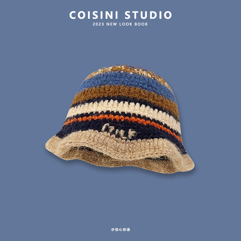 日系条纹渔夫帽毛线帽秋冬复古女