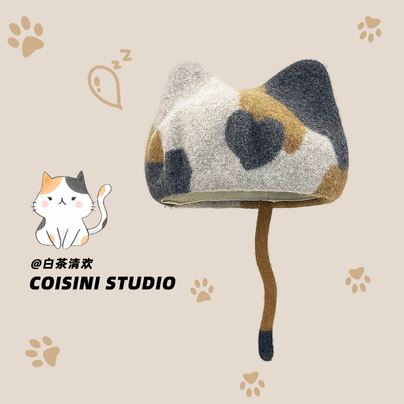 秋冬设计师款羊毛呢猫耳朵贝雷帽