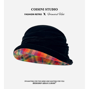2025新款 彩色格子黑色金丝绒翻檐褶皱渔夫帽子女秋冬保暖百搭盆帽