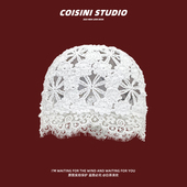 蕾丝花朵针织包头帽女春夏薄款 手工编织镂空文艺百搭显脸小套头帽