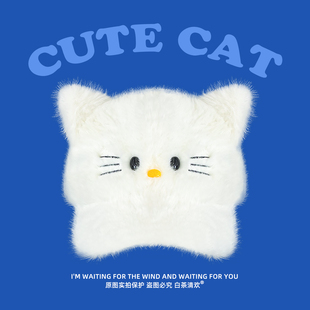 白色可爱猫咪耳朵毛绒贝雷帽子女2025冬季 保暖显脸小鸭舌帽八角帽