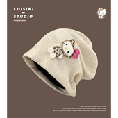 日系文艺立体豹纹kt猫堆堆帽女氛围大头围包头帽显脸小百搭针织帽