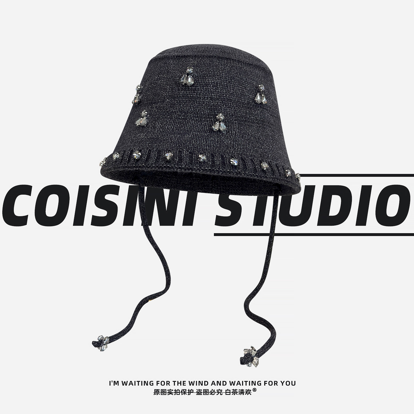 韩版ins风灰色水钻绑带渔夫帽那边秋冬出游盆帽显脸小百搭时尚潮