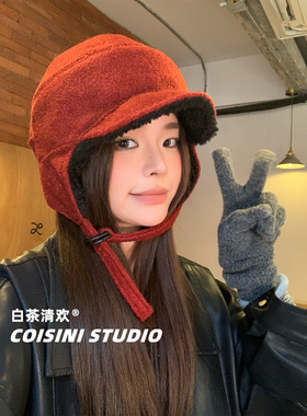 韩版ins红色系带双面护耳帽子女冬季加厚保暖飞行帽双面戴雷锋帽