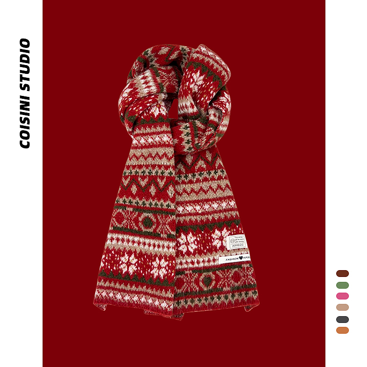 复古费尔岛提花针织围巾女秋冬