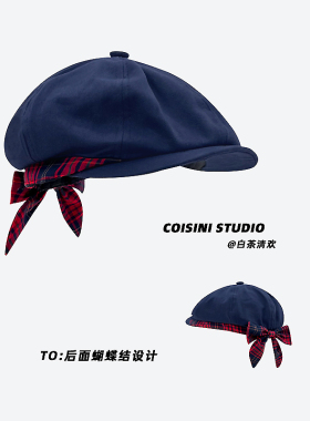 日系复古红格子蝴蝶结前进帽
