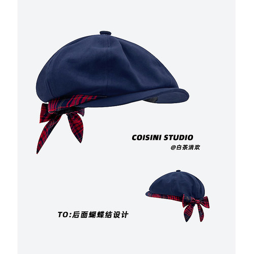 日系复古红格子蝴蝶结前进帽