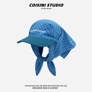 韩版 春夏格子拼接棒球帽绑带头巾帽男女百搭遮阳拍照包头鸭舌帽子