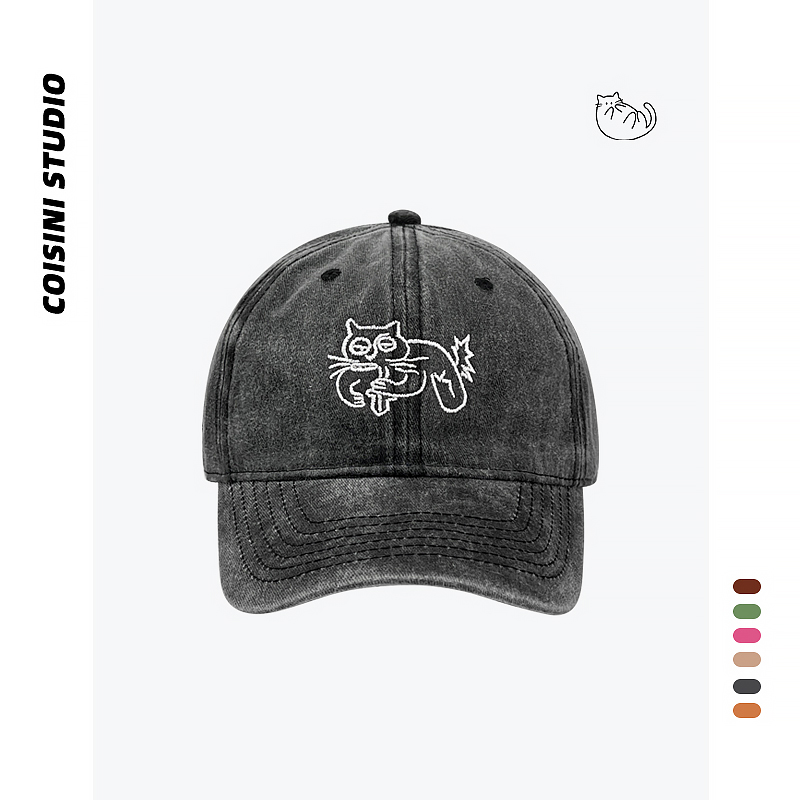 黑帮猫老大刺绣棒球帽水洗棉百搭