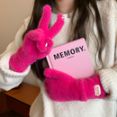 韩版 五指手套 软糯兔毛绒针织羊绒手套高级感ins保暖露指防寒冬季