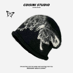 韩系复古蝴蝶黑色堆堆帽子女秋冬新款 保暖防寒护耳针织冷帽包头帽