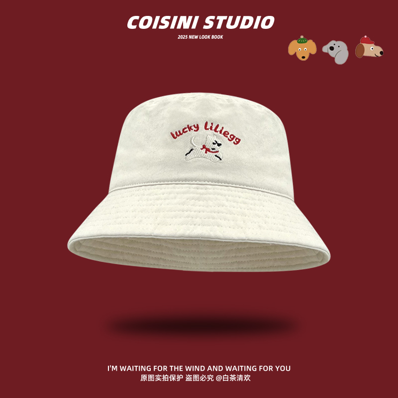 可爱小狗渔夫帽子女2025新款大头围水桶帽春夏遮阳防晒盆帽显脸小