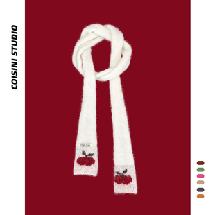 2025新款 日系甜美红苹果细长条针织围巾女秋冬休闲百搭护颈围脖潮