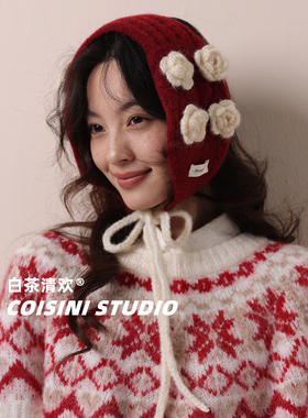 韩系立体花朵绑带针织耳罩耳捂子