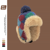 复古民族风针织毛球格子雷锋帽男女秋冬东北加厚防寒滑雪保暖川西