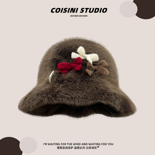 日系复古蝴蝶结毛绒渔夫帽子女秋冬保暖素颜宽檐显脸小百搭盆帽潮