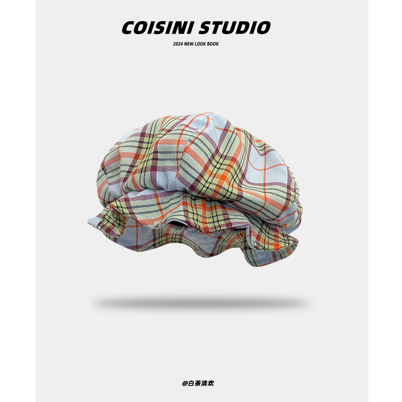 韩版时尚格纹显脸小云朵贝雷帽子