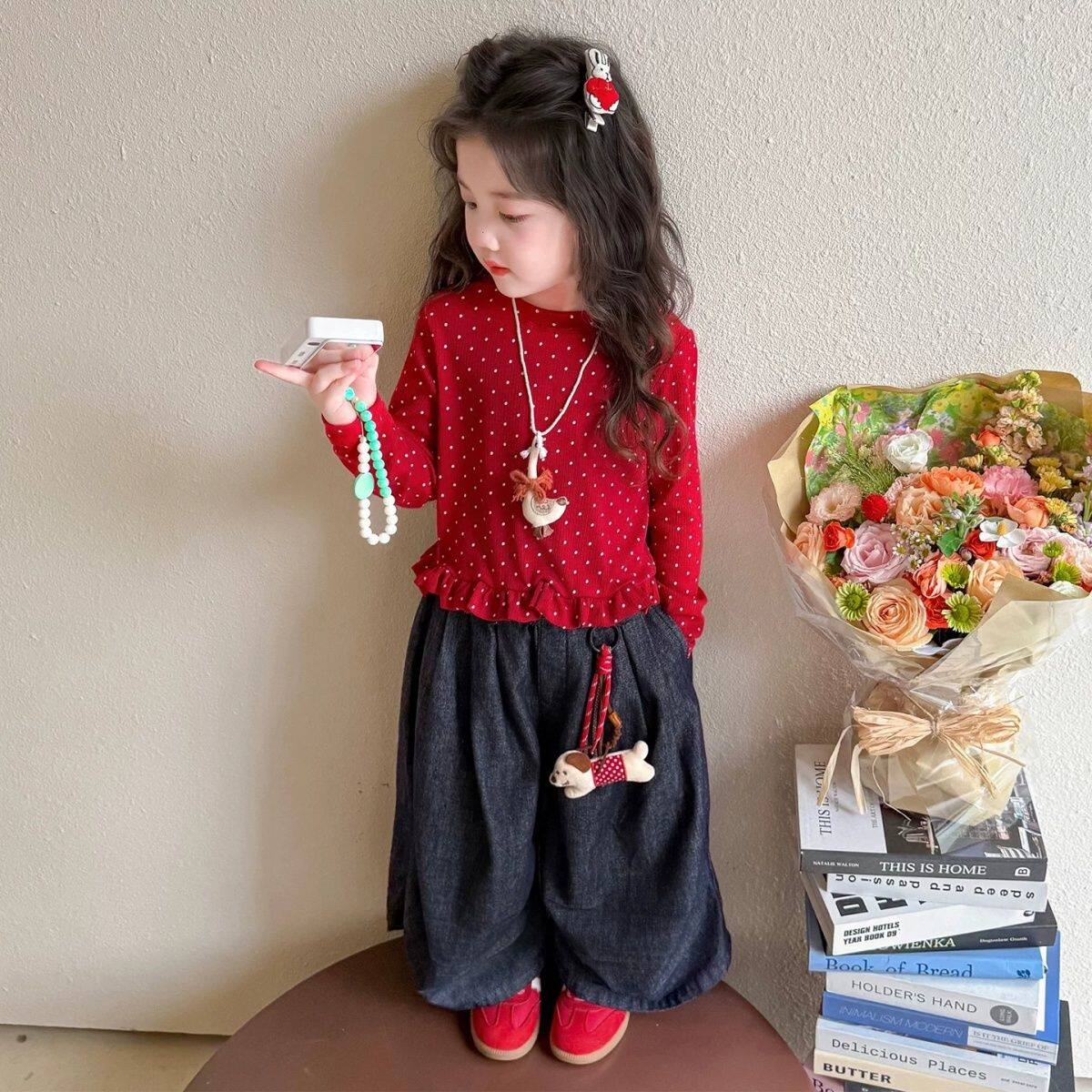 3女童波点长袖T恤2025春秋装新款宝宝甜美花边打底衫女孩百搭上衣