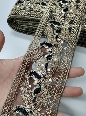 7.5CM黑色腰果金骨线织带外贸服饰花边辅料傣族苗服腰带西域公主