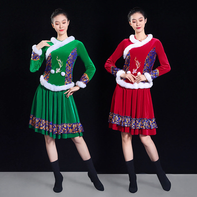 新款秧歌服女民族金丝绒广场舞套装红色喜庆打鼓服舞台演出服2338