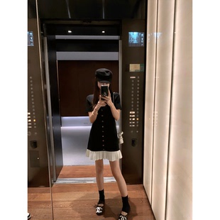 修身 大瓶定制 浪漫vibe 冰麻天絲百褶拼接連衣裙超顯瘦短袖 裙子女