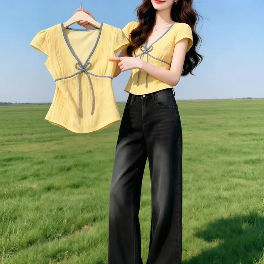 法式甜美黄色蝴蝶结短袖衬衫女夏季2026年新款法式小资漂亮小上衣