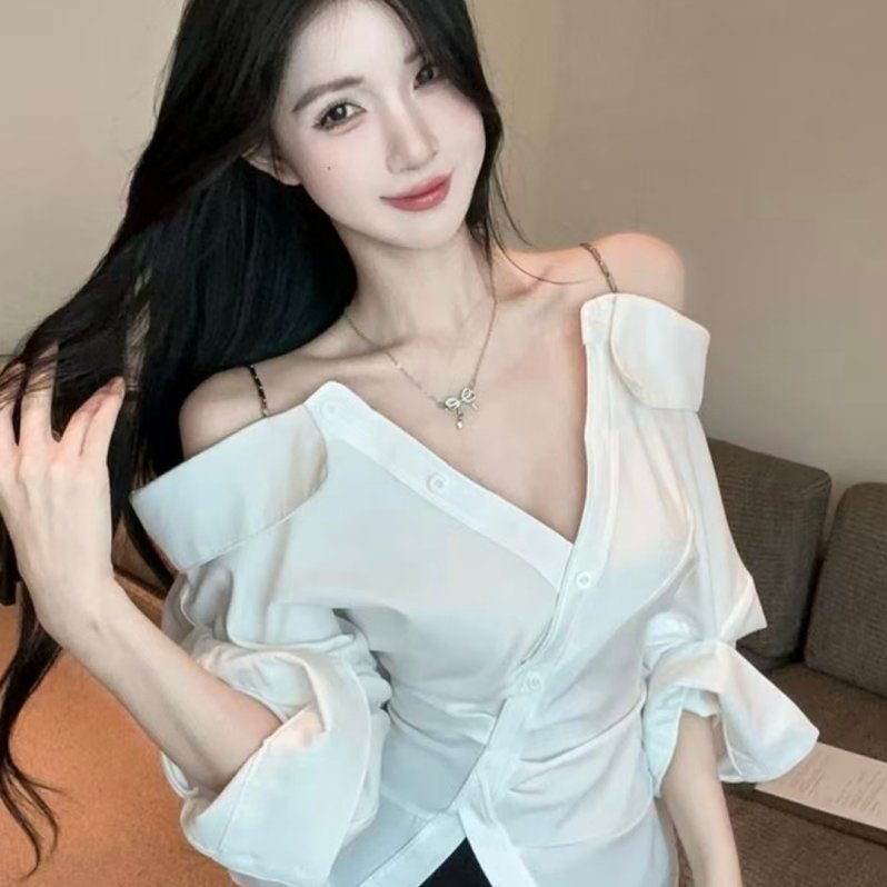 不规则v领白色衬衫女设计感小众秋季一字肩上衣高级感巨好看衬衣