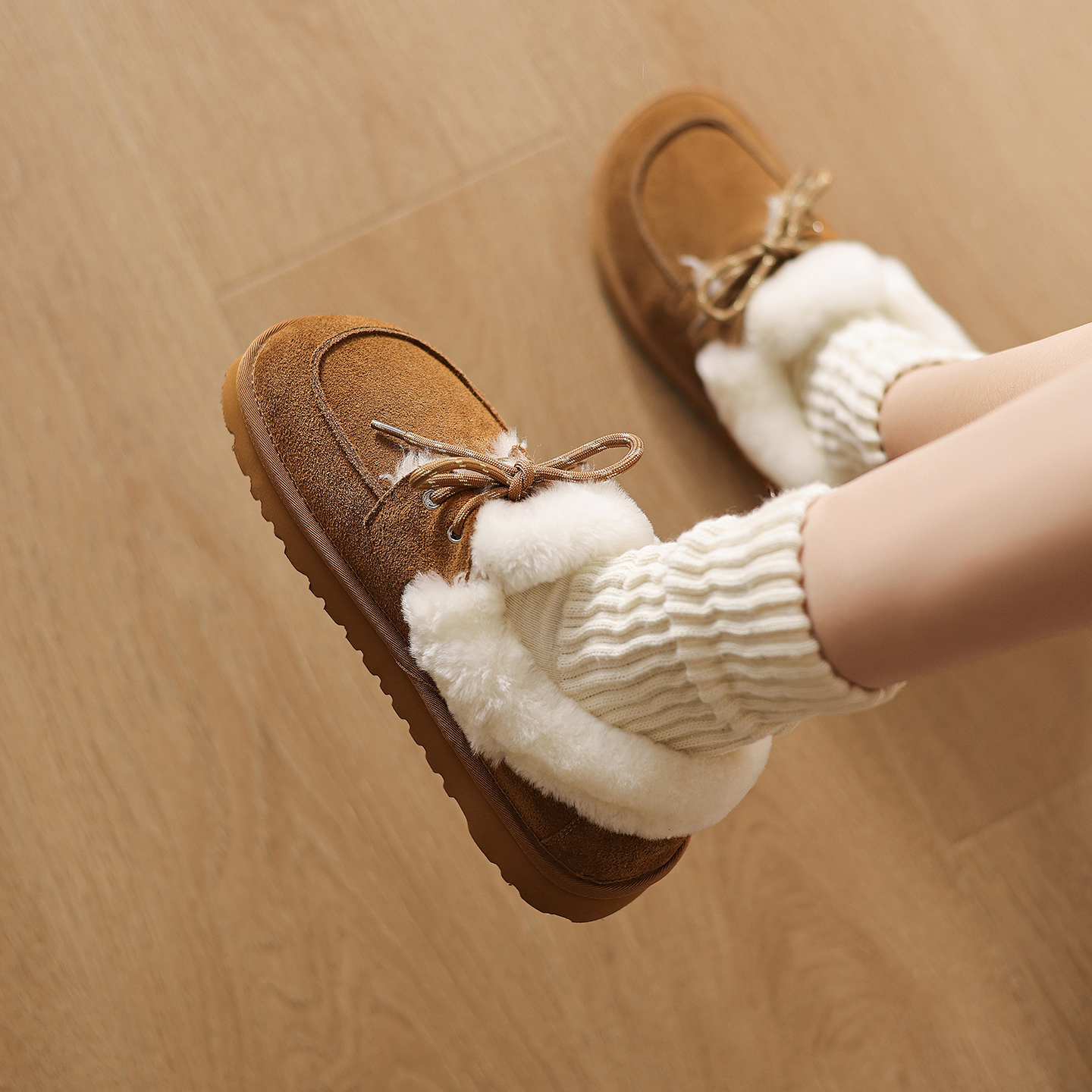 休闲舒适百搭厚底系带保暖毛毛鞋