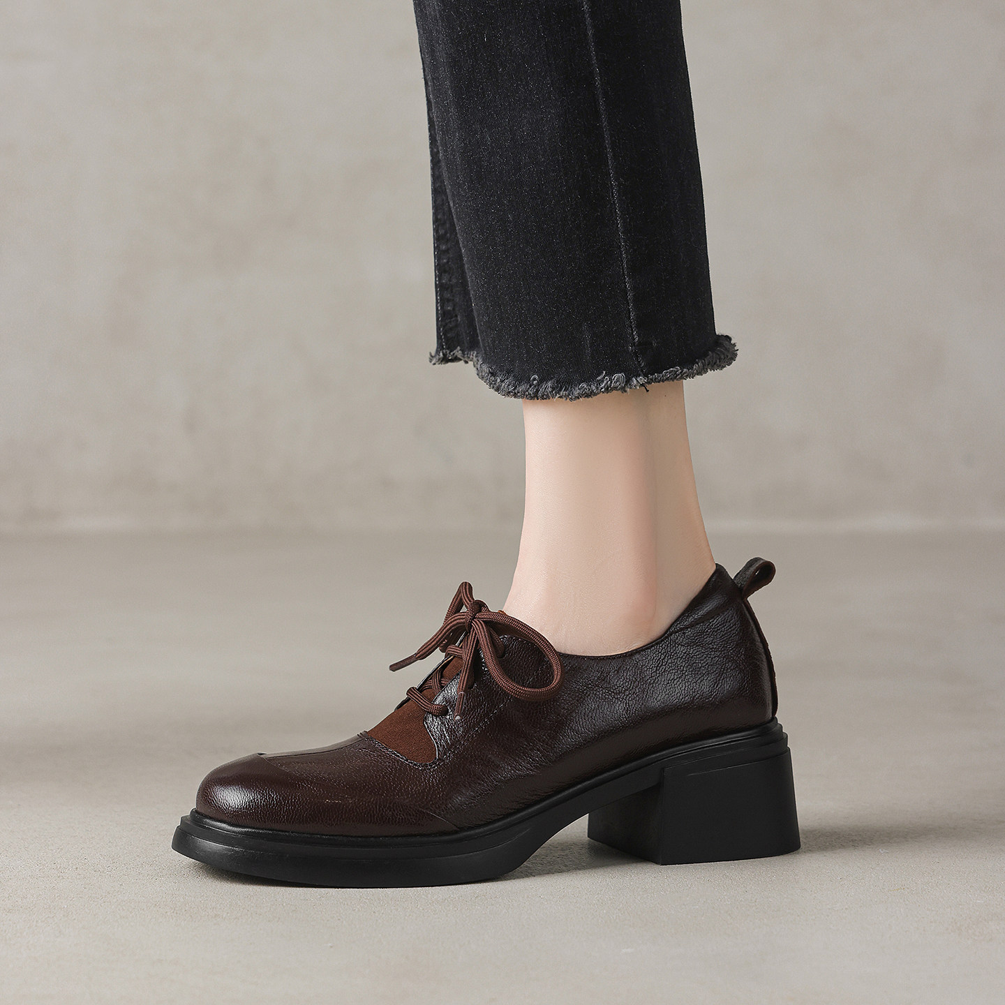 lorem香港 2026春英伦单鞋粗跟圆头羊皮系带深口小皮鞋通勤工作鞋,女鞋,深口单鞋,淘宝优惠券,粉丝福利购,淘宝优惠卷