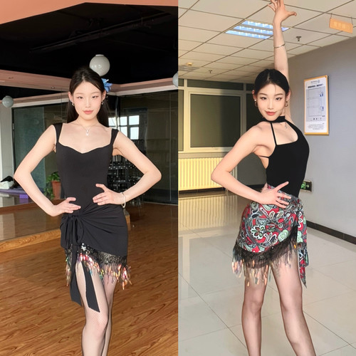 TYH拉丁舞服高级亮片围裹臀巾一片式百搭舞裙训练服