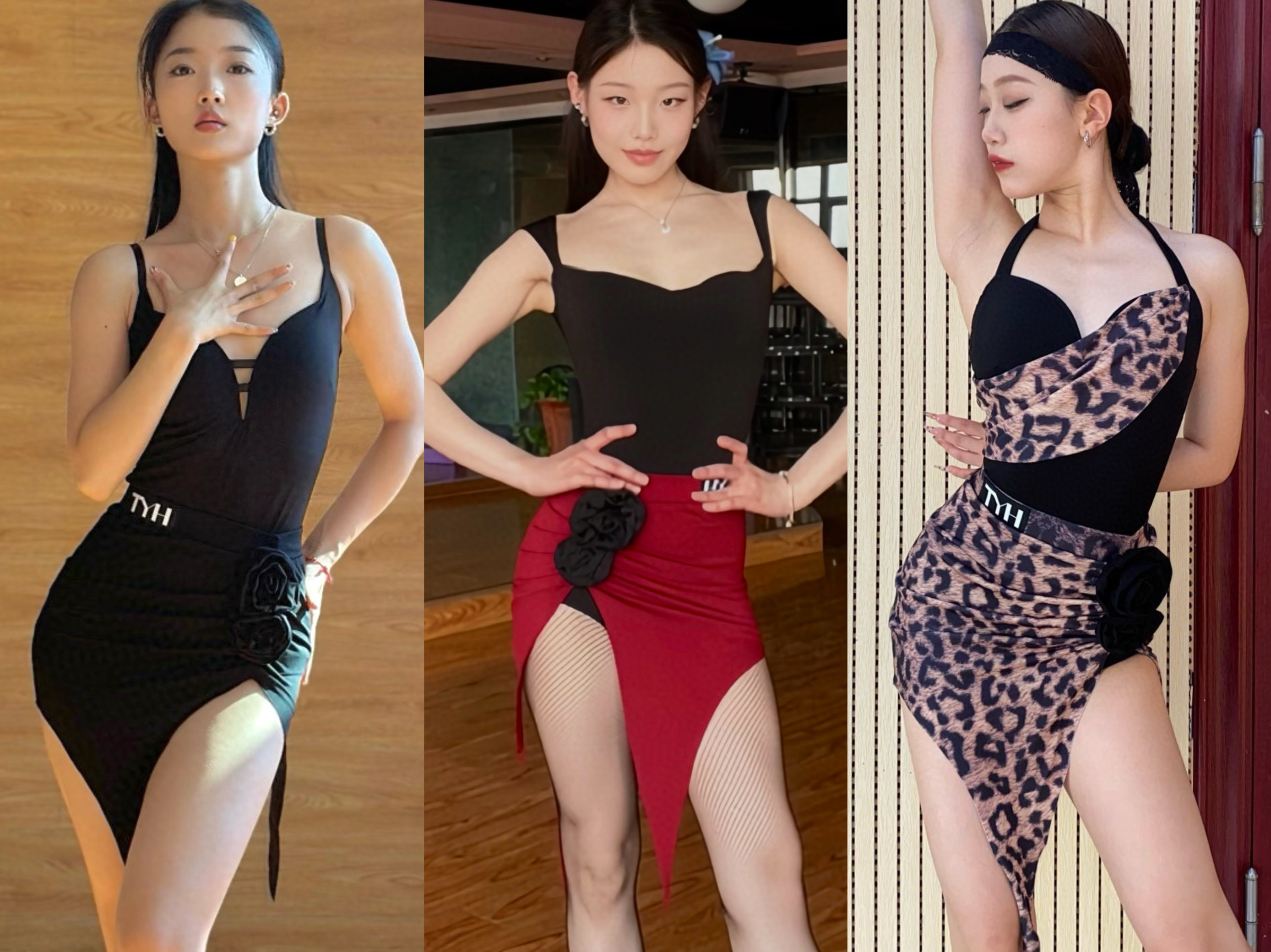 TYH拉丁2025包臀简约高开衩手工花朵裙摆练功服