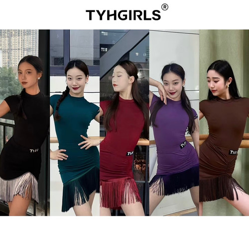 【多色可选】TYH飞袖拉丁舞高级后背镂空上衣带胸垫练功服流苏裙