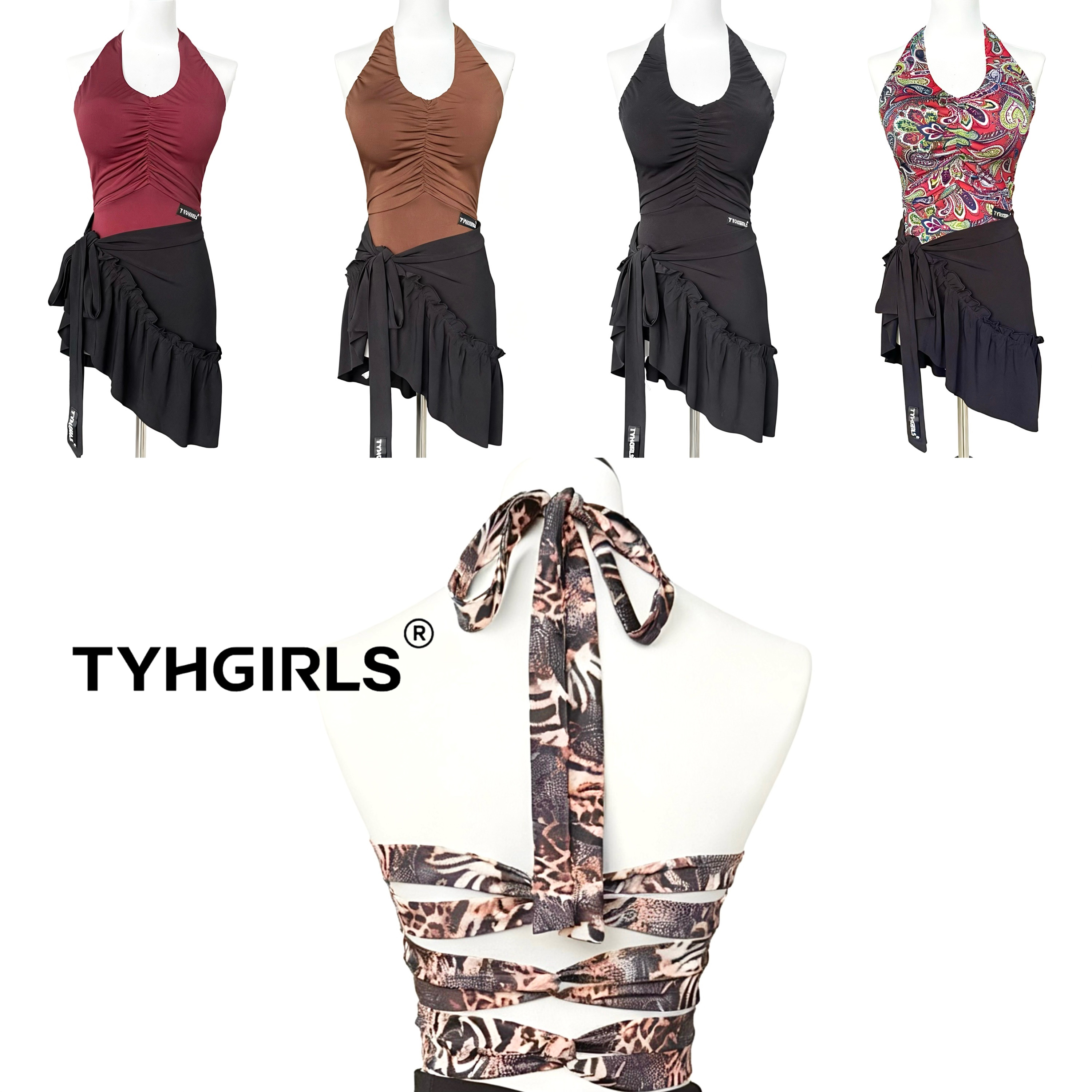 TYH舞服新款5色拉丁舞女成人挂脖露背绑带镂空修身连体衣带胸垫