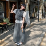 韩系设计感工装马甲套装裙女2025夏新款宽松休闲百搭半身裙两件套，女装套装/套裙，2C170