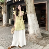 新中式盘扣改良旗袍上衣国风套装女2025夏款宽松裤子阔腿裤两件套，女装套装/套裙，2C170
