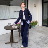 藏青色韩系休闲套装女2025春新款设计感条纹拼接上衣直筒裤两件套，女装套装/套裙，2C170