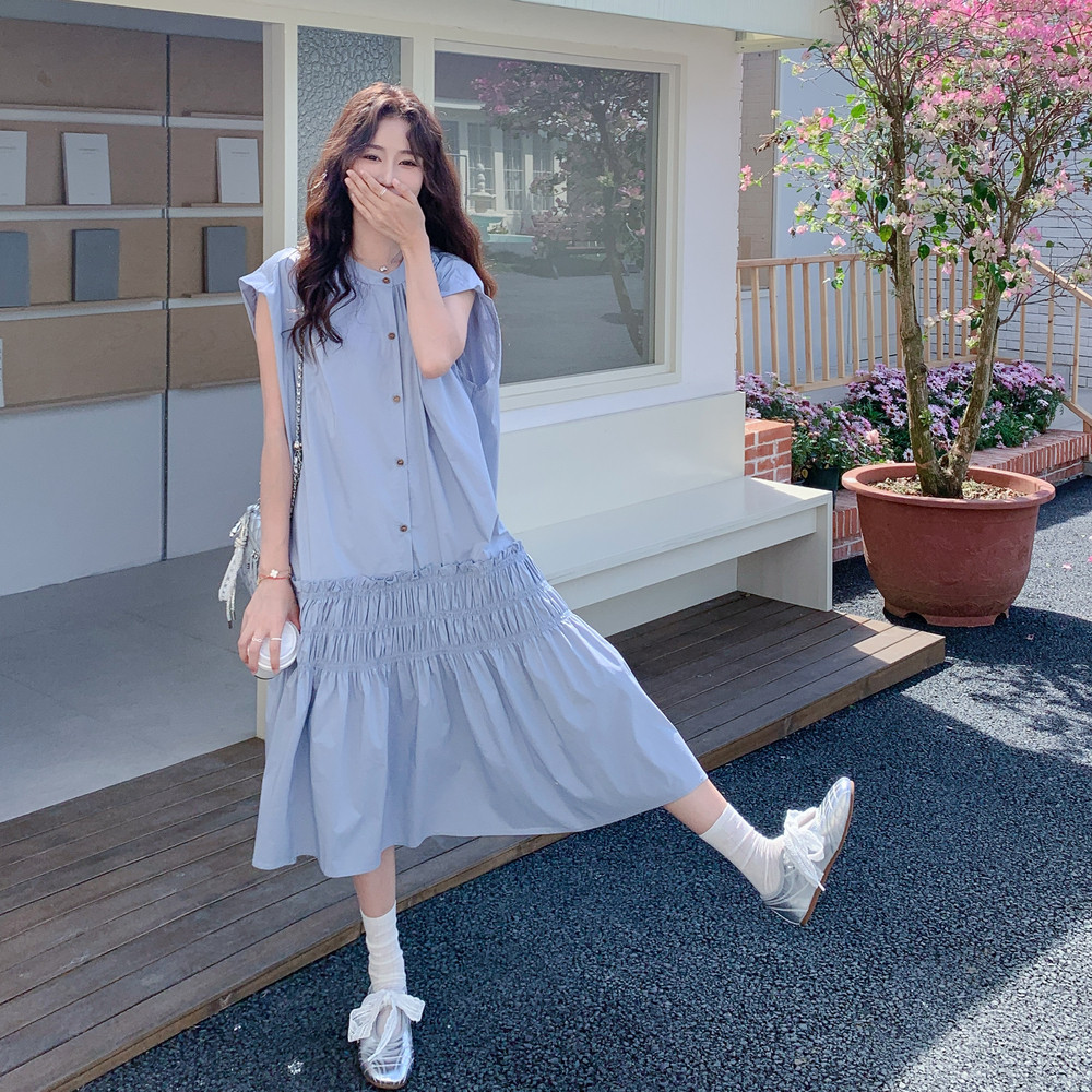 蓝色韩系休闲松弛感减龄连衣裙女2025夏季新款法式木耳边休闲长裙,女装连衣裙,2C170