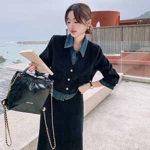 春季开工穿搭一整套女2025新款牛仔拼接小众别致上衣半身裙图片