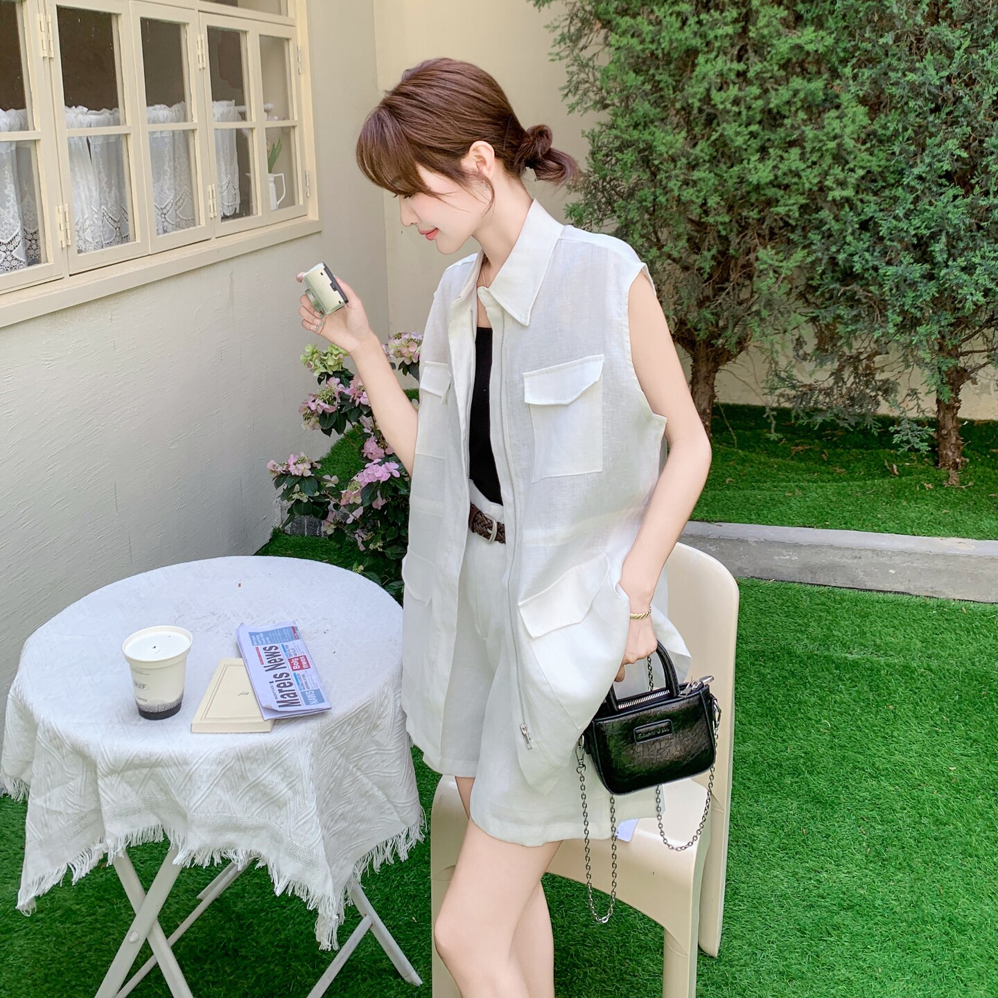 又a又飒设计感马甲开衫高腰短裤套装女2025夏季新款小个子两件套,女装套装/套裙,2C170