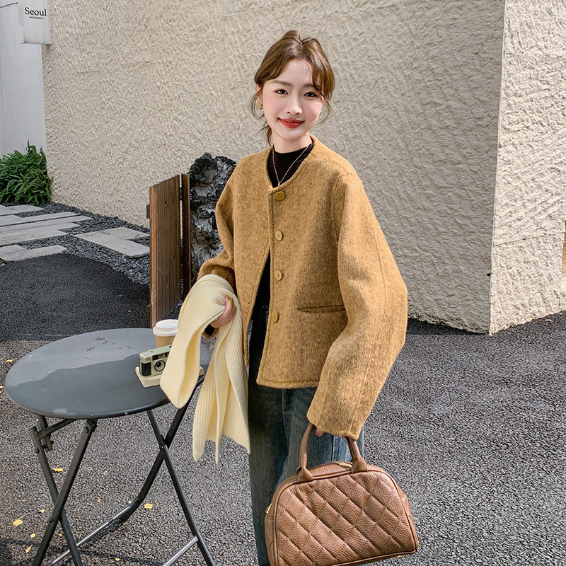 黄色短款毛呢外套女冬季2025新款小个子时髦高级感英伦风呢子上衣图片